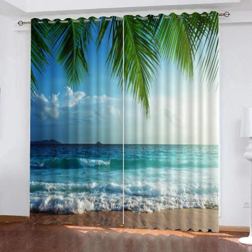 LUDSOL Strand Strand Verdunkelung Kälteschutz Thermo Blickdichte Vorhang, Grüne Palmblätter 3D Gedruckt Vorhänge für Wohnzimmer Schlafzimmer Fenster 225x140cm(HöhexBreite) 2er Set von LUDSOL