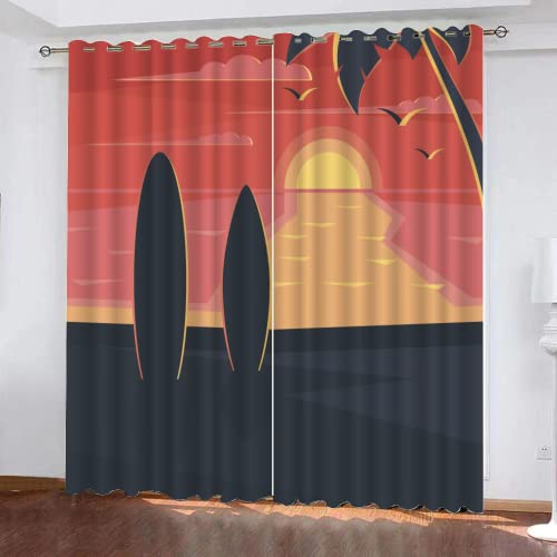 Sonnenuntergang Am Strand Verdunkelung mit Ösen Vorhänge, Surfbrett Am Strand Blickdichte Kälteschutz Thermo Vorhänge für Wohnzimmer Schlafzimmer Fenster Home Dekoration 260x140cm(H×B)2 Stücke von LUDSOL