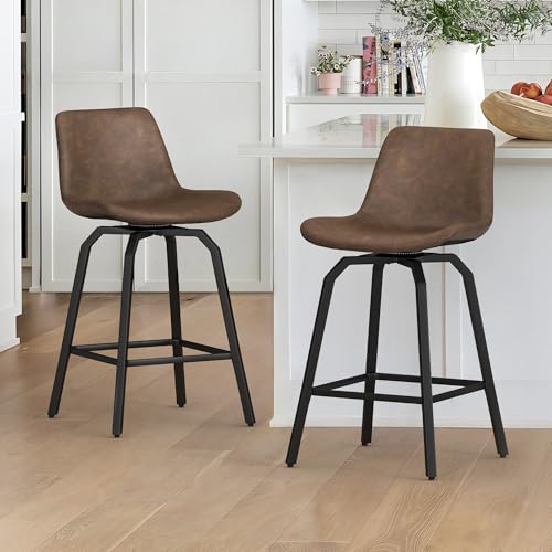 LUE BONA 360°Drehbarer Barhocker 2er Set mit Lehne,66cm Hoch Drehsessel–Barstuhl Metall mit Kunstleder Sitzfläche,Bar Hocker mit 4 Metallbeinen,Moderner Barstuhl für Küche,Theke,Braun von LUE BONA