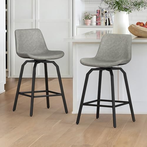 LUE BONA 360°Drehbarer Barhocker 2er Set mit Lehne,66cm Hoch Drehsessel–Barstuhl Metall mit Kunstleder Sitzfläche,Bar Hocker mit 4 Metallbeinen,Moderner Barstuhl für Küche,Theke,Gray von LUE BONA