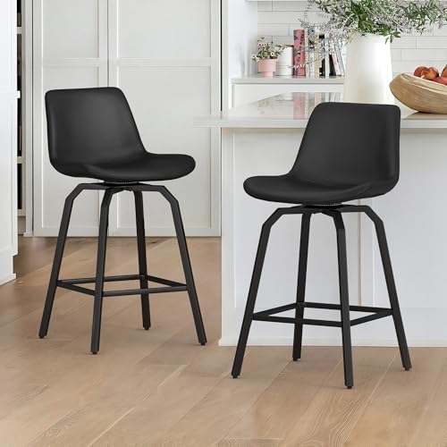 LUE BONA 360°Drehbarer Barhocker 2er Set mit Lehne,66cm Hoch Drehsessel–Barstuhl Metall mit Kunstleder Sitzfläche,Bar Hocker mit 4 Metallbeinen,Moderner Barstuhl für Küche,Theke,Schwarz von LUE BONA