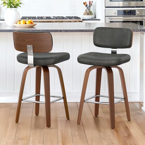 LUE BONA 360°Drehbarer Barhocker 2er Set mit Lehne,67cm Hoch Drehsessel–Barstuhl Holz mit 7cm Kunstleder Sitzfläche,Bar Hocker mit 4 Holzbeinen,Moderner Barstuhl für Küche,Theke,Dunkel-Grau von LUE BONA