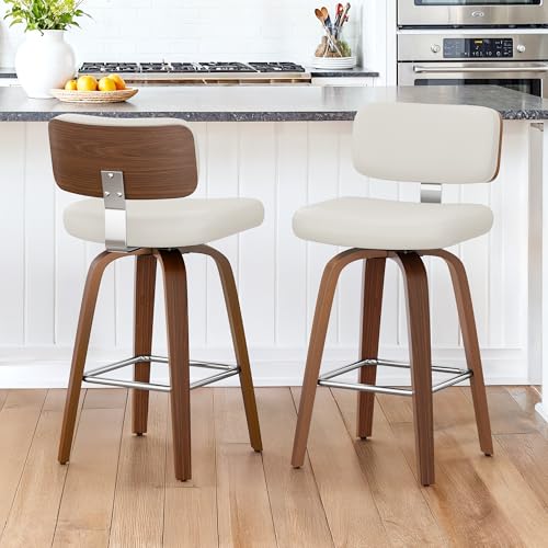 LUE BONA 360°Drehbarer Barhocker 2er Set mit Lehne,67cm Hoch Drehsessel–Barstuhl Holz mit 7cm Kunstleder Sitzfläche,Bar Hocker mit 4 Holzbeinen,Moderner Barstuhl für Küche,Theke,Weiß von LUE BONA