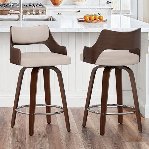 LUE BONA 360°Drehbarer Barhocker 2er Set mit Lehne und Armlehnen,66 cm Hoch–Barstuhl Holz mit 7cm Kunstleder Sitzfläche,Bar Hocker mit 4 Holzbeinen,Moderner Barstuhl für Theke,Beige+Dark Walnut von LUE BONA