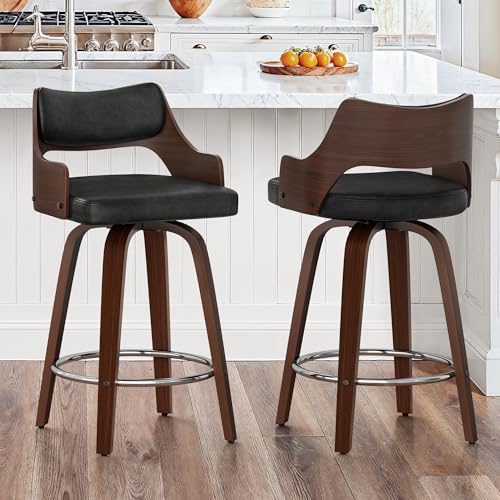 LUE BONA 360°Drehbarer Barhocker 2er Set mit Lehne und Armlehnen,66 cm Hoch–Barstuhl Holz mit 7cm Kunstleder Sitzfläche,Bar Hocker mit 4 Holzbeinen,Moderner Barstuhl für Theke,Schwarz+Dark Walnut von LUE BONA
