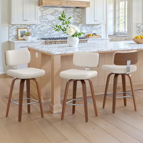 LUE BONA 360°Drehbarer Barhocker 3er Set mit Lehne,67cm Hoch Drehsessel–Barstuhl Holz mit 7cm Kunstleder Sitzfläche,Bar Hocker mit 4 Holzbeinen,Moderner Barstuhl für Küche,Theke,Weiß LUE BONA 360°Drehbarer Barhocker 3er Set mit Lehne,67cm Hoch Drehsessel–Barstuhl Holz mit 7cm Kunstleder Sitzfläche,Bar Hocker mit 4 Holzbeinen,Moderner Barstuhl für Küche,Theke,Weiß von LUE BONA