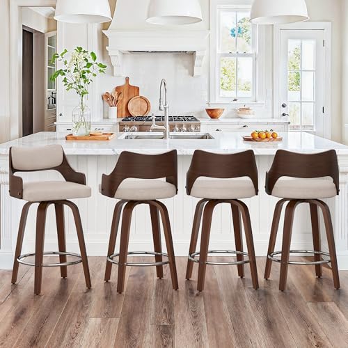 LUE BONA 360°Drehbarer Barhocker 4er Set mit Lehne und Armlehnen,66 cm Hoch–Barstuhl Holz mit 7cm Kunstleder Sitzfläche,Bar Hocker mit 4 Holzbeinen,Moderner Barstuhl für Theke,Beige+Dark Walnut von LUE BONA