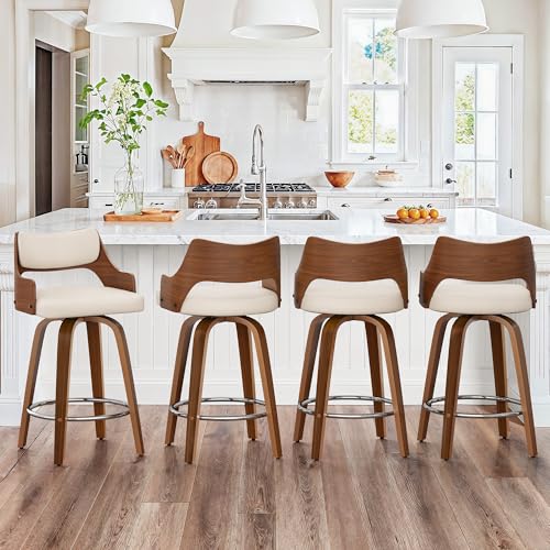 LUE BONA 360°Drehbarer Barhocker 4er Set mit Lehne und Armlehnen,66 cm Hoch–Barstuhl Holz mit 7cm Kunstleder Sitzfläche,Bar Hocker mit 4 Holzbeinen,Moderner Barstuhl für Theke,Elfenbein-Weiß+Walnut von LUE BONA