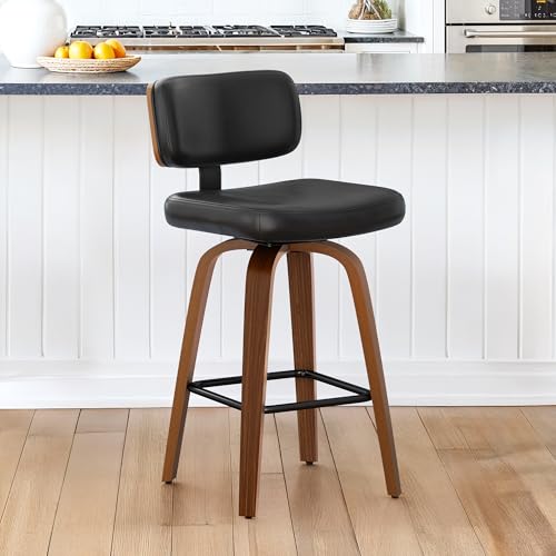 LUE BONA 360°Drehbarer Barhocker mit Lehne,67 cm Hoch Drehsessel–Barstuhl Holz mit 7cm Kunstleder Sitzfläche,Bar Hocker mit 4 Holzbeinen,Moderner Barstuhl für Küche,Theke,Schwarz von LUE BONA