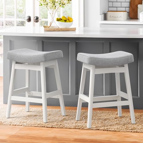 LUE BONA Barhocker 2er Set,Barhocker 61 cm Hoch,KüChenhocker mit Leinen Sitzfläche und Fußstütze,Bar Hocker mit 4 Holzbeinen,Moderner Barstuhl für Restaurant,Wohnzimmer,Bar,Hell-Grau von LUE BONA