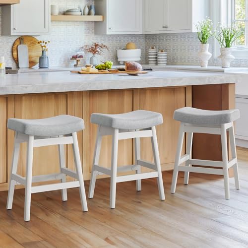 LUE BONA Barhocker 3er Set,Barhocker 61 cm Hoch,KüChenhocker mit Leinen Sitzfläche und Fußstütze,Bar Hocker mit 4 Holzbeinen,Moderner Barstuhl für Restaurant,Wohnzimmer,Bar,Hell-Grau von LUE BONA