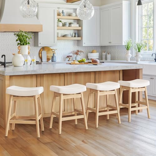 LUE BONA Barhocker 4er Set,Barhocker 61 cm Hoch,KüChenhocker mit Kunstleder Sitzfläche und Fußstütze,Bar Hocker mit 4 Holzbeinen,Moderner Barstuhl für Restaurant,Wohnzimmer,Bar,Beige von LUE BONA