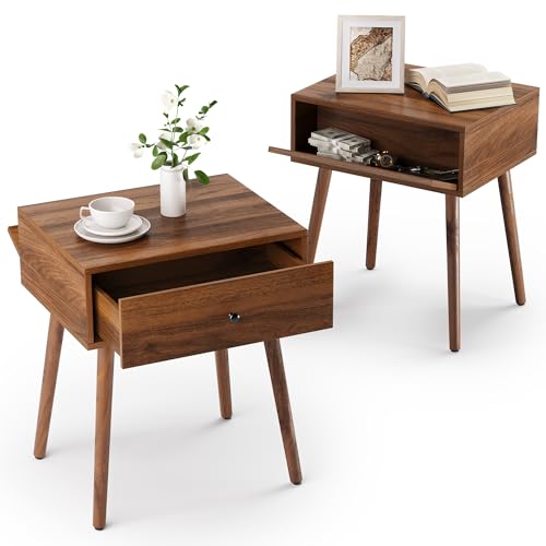 LUE BONA Nachttisch,Modern Couchtisch Beistelltisch,Mit Versteckten Fächern und Nachttischschrank 2er Set,Holzbeine,für Schlafzimmer und Wohnzimmer,Walnuss von LUE BONA