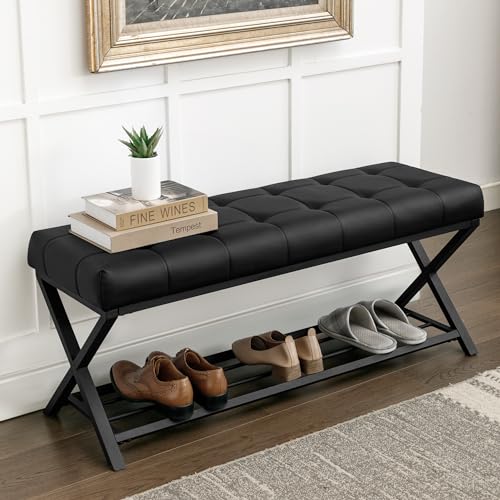 LUE BONA Schuhbank,Schuhbank mit Sitzfläche,Schuhschrank mit Sitzbank und Leder Gepolstertem,Sitzbank Flur mit Metallrahmen für Eingangsbereich,Wohnzimmer,Flur,113 x 38 x 46 cm,Schwarz von LUE BONA