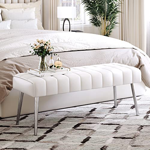 LUE BONA Sitzbank mit Linienmuster, 113 cm Kunstleder getuftete Polsterbank, Metallbeine Bettbank, Sitzhocker für Schlafzimmer, Wohnzimmer, Weiß von LUE BONA