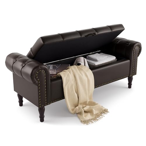 LUE BONA Sitzbank mit Stauraum 130 cm,Sitzbank Bank mit Aufbewahrungsbox,Bettbank Gepolstertem Kissen,Sitztruhe mit Armlehnen aus PU-Kunstleder für Schlafzimmer,Flur,130 X 43 X50 cm,Dunkel-Braunn von LUE BONA