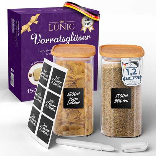 LÜNIC Vorratsgläser mit Bambusdeckel – Vorratsbehälter Glasbehälter Vorratsdosen Aufbewahrungsgläser eckig, luftdicht, stapelbar (2er Set - 1500 ml) von LÜNIC
