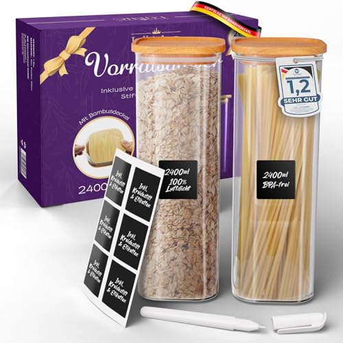 LÜNIC Vorratsgläser mit Bambusdeckel – Vorratsbehälter Glasbehälter Vorratsdosen Aufbewahrungsgläser eckig, luftdicht, stapelbar (2er Set - 2400 ml) von LÜNIC