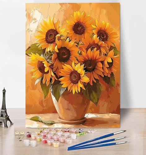 DIY Malen Nach Zahlen Erwachsene Sonnenblume, Malen Nach Zahlen Vase Malen Nach Zahlen ab 10 Jahre Mädchen mit Pinseln und Acrylfarben, Paint by Numbers für Zimmer Deko, Geschenke 40 x 50 cm L-D von LUESUAYN