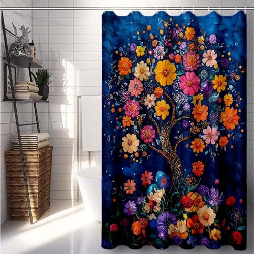 Duschrollo 120 x 200 cm, Blau Duschvorhang Baum Duschrollo für Badewanne Wasserdicht Shower Curtains, Shower Curtain Polyester Textil mit ösen und 12 Duschringen für Badezimmer Deko -lsy2507Z854W von LUESUAYN