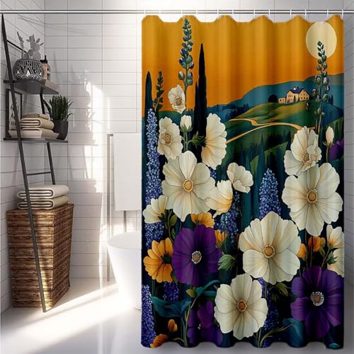 Duschrollo 120 x 200 cm, Weiß Duschvorhang Blume Duschrollo für Badewanne Wasserdicht Shower Curtains, Shower Curtain Polyester Textil mit ösen und 12 Duschringen für Badezimmer Deko -lsy2507B5 von LUESUAYN
