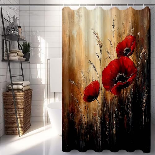 Duschrollo 150 x 200 cm, Rot Duschvorhang Blume Duschrollo für Badewanne Wasserdicht Shower Curtains, Shower Curtain Polyester Textil mit ösen und 12 Duschringen für Badezimmer Deko -lsy2507BH50K von LUESUAYN