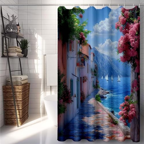 Duschrollo 150x200, Blau Duschvorhang Ozean Duschrollo für Badewanne Wasserdicht Shower Curtains, Shower Curtain Polyester Textil mit ösen und 12 Duschringen für Badezimmer Deko, Badewanne -lsy2507BG Duschrollo 150x200, Blau Duschvorhang Ozean Duschrollo für Badewanne Wasserdicht Shower Curtains, Shower Curtain Polyester Textil mit ösen und 12 Duschringen für Badezimmer Deko, Badewanne -lsy2507BG von LUESUAYN