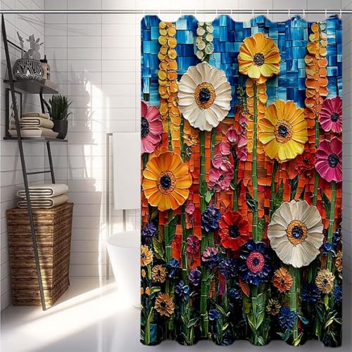 Duschrollo 150x200, Gelb Duschvorhang Blume Duschrollo für Badewanne Wasserdicht Shower Curtains, Shower Curtain Polyester Textil mit ösen und 12 Duschringen für Badezimmer Deko, Badewanne -lsy250758 von LUESUAYN