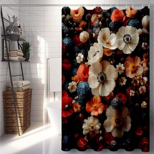 Duschrollo 150x200, Rot Duschvorhang Blume Duschrollo für Badewanne Wasserdicht Shower Curtains, Shower Curtain Polyester Textil mit ösen und 12 Duschringen für Badezimmer Deko, Badewanne -lsy2507U0 von LUESUAYN