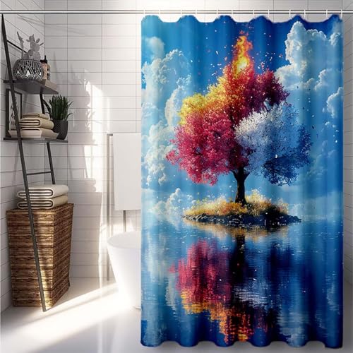 Duschrollo 150x200 cm, Weiß Duschvorhang Baum Duschrollo für Badewanne Wasserdicht Shower Curtains, Shower Curtain Polyester Textil mit ösen und 12 Duschringen für Badezimmer Deko -lsy25078W9EG von LUESUAYN