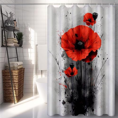 Duschrollo 150x200cm, Rot Duschvorhang Blume Duschrollo für Badewanne Wasserdicht Shower Curtains, Shower Curtain Polyester Textil mit ösen und 12 Duschringen für Badezimmer Deko, Badewanne -lsy250723 von LUESUAYN