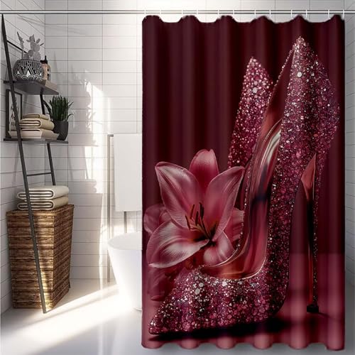 Duschrollo 180x240cm, Rosa Duschvorhang Hoher Absatz Duschrollo für Badewanne Wasserdicht Shower Curtains, Shower Curtain Polyester Textil mit ösen und 12 Duschringen für Badezimmer Deko -lsy25077D Duschrollo 180x240cm, Rosa Duschvorhang Hoher Absatz Duschrollo für Badewanne Wasserdicht Shower Curtains, Shower Curtain Polyester Textil mit ösen und 12 Duschringen für Badezimmer Deko -lsy25077D von LUESUAYN