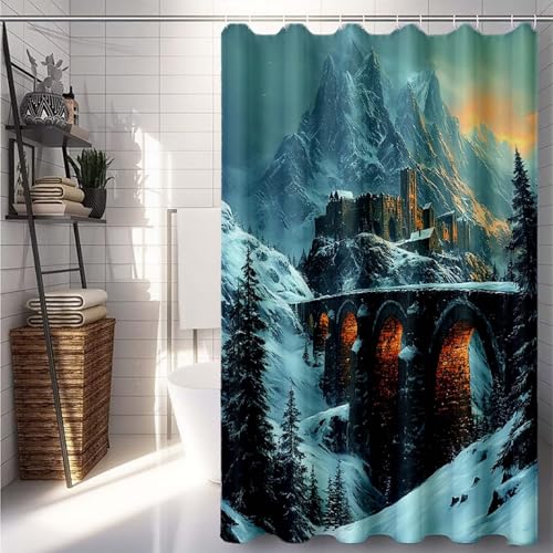 Duschrollo 90 x 200 cm, Schwarz Duschvorhang Schloss Duschrollo für Badewanne Wasserdicht Shower Curtains, Shower Curtain Polyester Textil mit ösen und 12 Duschringen für Badezimmer Deko -lsy25070O von LUESUAYN