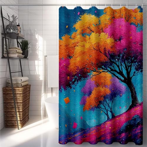 Duschrollo 90x200 cm, Lila Duschvorhang Baum Duschrollo für Badewanne Wasserdicht Shower Curtains, Shower Curtain Polyester Textil mit ösen und 12 Duschringen für Badezimmer Deko, Badewanne -lsy2507CW von LUESUAYN