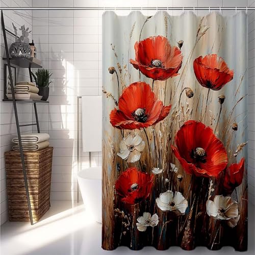 Duschrollo 90x200 cm, Rot Duschvorhang Blume Duschrollo für Badewanne Wasserdicht Shower Curtains, Shower Curtain Polyester Textil mit ösen und 12 Duschringen für Badezimmer Deko, Badewanne -lsy2507T2 von LUESUAYN