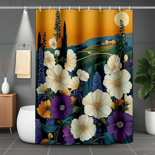 Duschrollo für Badewanne 140 x 200 cm, Weiß Duschvorhang Blume Duschrollo Wasserabweisend Shower Curtains Polyester Duschvorhänge mit 12 Duschvorhangringe für Badewanne und Bad, Geschenk -lsy250700 von LUESUAYN