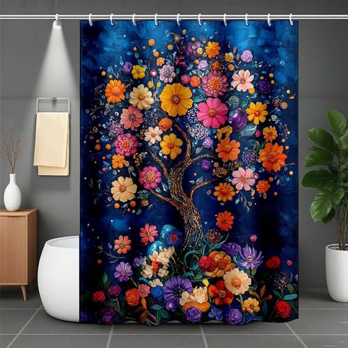 Duschrollo für Badewanne 160 x 200 cm, Blau Duschvorhang Baum Duschrollo Wasserabweisend Shower Curtains Polyester Duschvorhänge mit 12 Duschvorhangringe für Badewanne und Bad, Geschenk -lsy2507AN von LUESUAYN
