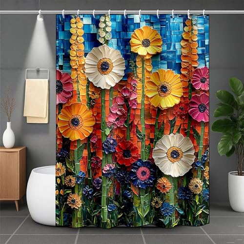 Duschrollo für Badewanne 160x200, Gelb Duschvorhang Blume Duschrollo Wasserabweisend Shower Curtains Polyester Beschwerter Saum Duschvorhänge mit 12 Duschvorhangringe für Badewanne und Bad -lsy2507M5 von LUESUAYN