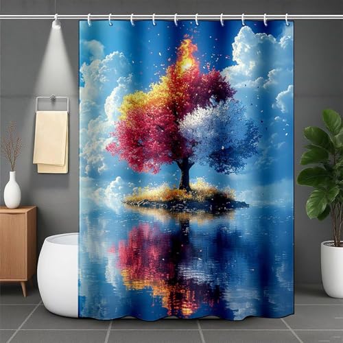 Duschrollo für Badewanne 160x200 cm, Weiß Duschvorhang Baum Duschrollo Wasserabweisend Shower Curtains Polyester Duschvorhänge mit 12 Duschvorhangringe für Badewanne und Bad, Geschenk -lsy25074C von LUESUAYN
