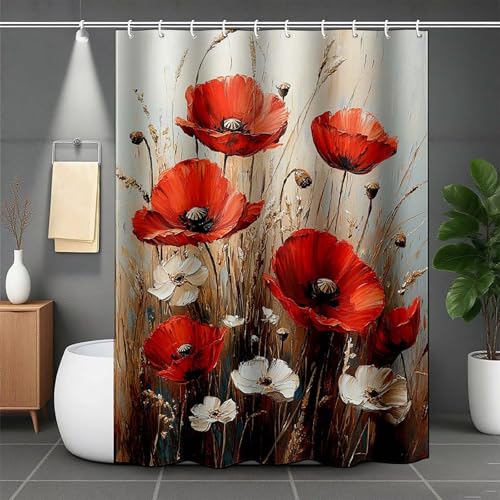 Duschrollo für Badewanne 80x200 cm, Rot Duschvorhang Blume Duschrollo Wasserabweisend Shower Curtains Polyester Beschwerter Saum Duschvorhänge mit 12 Duschvorhangringe für Badewanne und Bad -lsy2507VS von LUESUAYN