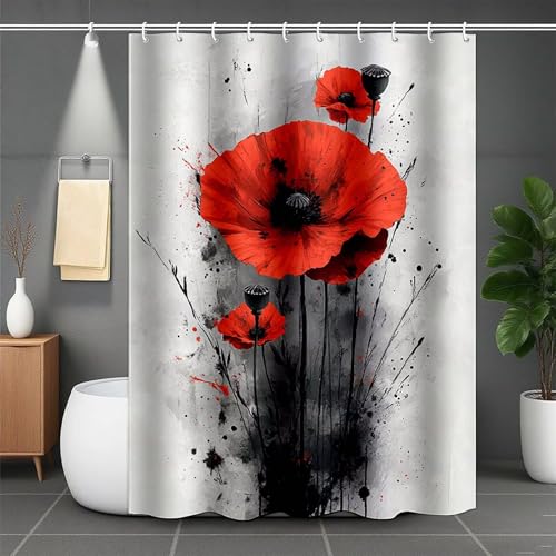 Duschrollo für Badewanne 80x200cm, Rot Duschvorhang Blume Duschrollo Wasserabweisend Shower Curtains Polyester Beschwerter Saum Duschvorhänge mit 12 Duschvorhangringe für Badewanne und Bad -lsy25070I von LUESUAYN
