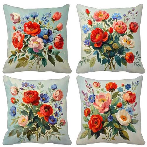 Kissenbezug Blume Outdoor Kissen 4er Set, Wasserdichter Sofakissen Rot Kissenbezüge Leinen Dekokissen mit Unsichtbarem Reißverschluss Zierkissen für Wohnzimmer Garten Dekorative 60x60cm-lsy250470 von LUESUAYN