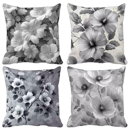 Kissenbezug Blume Outdoor Kissen 4er Set, Wasserdichter Sofakissen Schwarz und Weiß Kissenbezüge Leinen Dekokissen mit Unsichtbarem Reißverschluss Zierkissen für Garten Dekorative 70x70cm-lsy250408 von LUESUAYN