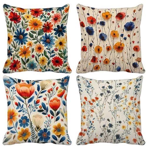 Kissenbezug Chrysantheme Outdoor Kissen 4er Set, Wasserdichter Sofakissen Beige Kissenbezüge Leinen Dekokissen mit Unsichtbarem Reißverschluss Zierkissen für Garten Dekorative 75x75-lsy25040608P von LUESUAYN
