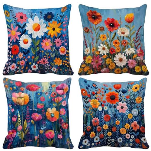 Kissenbezug Chrysantheme Sofakissen 4er Set, Quadratische Dekokissen Marineblau Kissenbezüge Weich Samt Zierkissen mit Unsichtbarem Reißverschluss Sofa Kissen für Sofa Balkon 75x75 cm -lsy250494 von LUESUAYN