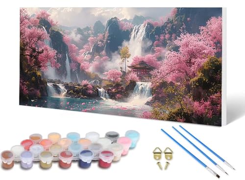 Malen Nach Zahlen Erwachsene Kirschblüten Malen Nach Zahlen Landschaft, DIY Set Erwachsene Paint by Numbers mit 3 Pinsel und Acrylfarben & Leinwand für Zimmer Deko Wohnzimmer 100X200 CM -lsy2506W8 von LUESUAYN