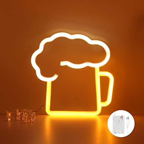 LUFEIS LED Leuchtreklame Bier, LED Neonlicht Zeichen Licht, Neonlicht 3D Wanddeko, Batterie Oder USB Powered Weißes Gelbes Neonschild für Bar Pub Nachtclub Store Weihnachten Festival Party Sign von LUFEIS