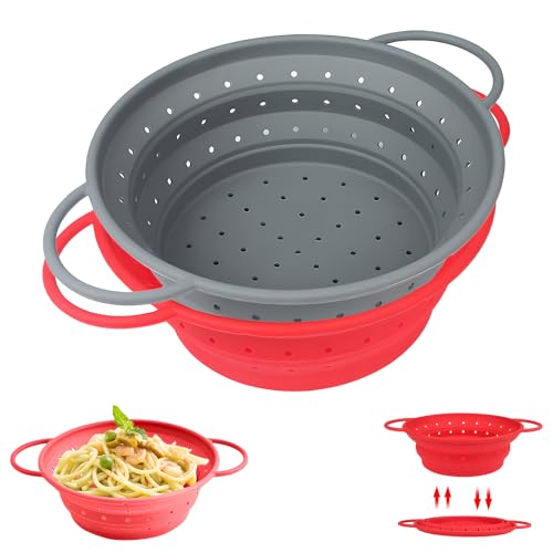 LUHOCIY 2 Stück Silikonform Sieb Faltbar, Silikon Sieb Faltbar, Abtropfsieb Silikon Faltbar, Abtropfsieb Reis Sieb Faltbar, Abtropfkorb Zum Abtropfen Von Nudeln, Gemüse, Obst und Bohnen (Grau und Rot) von LUHOCIY