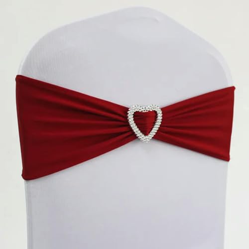 10 Stück/50 Stück Stretch-Spandex-Stuhlschleifenbänder mit Herzschnalle für Hochzeitsfeier-Dekoration, elastische Stuhlschärpe, Krawattenknotengürtel, Dunkelrot, 50 Stück von LUHYSU