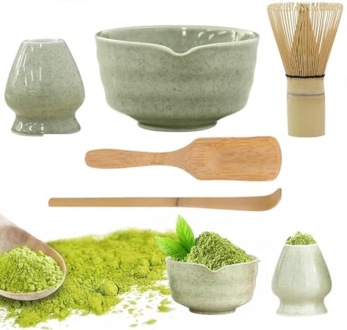 LUIIKEN Matcha-Set, Matcha-Rührer-Set, Matcha-Schüssel mit Ausgießer, Matcha-Rührer und Ständer, Matcha-Löffel, Teelöffel, Matcha Besen 5er-Set Japanisches ZubehöR FüR Die Matcha-Zeremonie von LUIIKEN